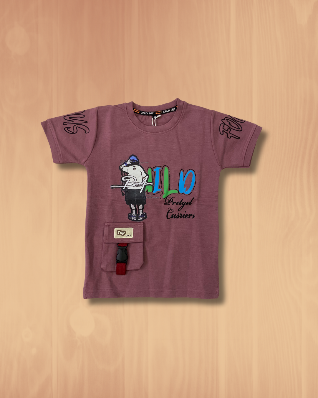 Boys' Brown Graphic Print T-Shirt with Pocket Detail