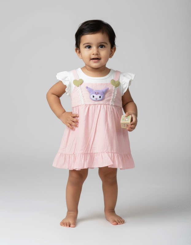 Baby Girls' Pink Overalls Dress with Character & Ruffles