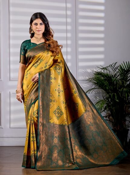 Mustard Gold & Bottle Green Patola Motifs Silk Blend Saree with Copper Zari Border & Blouse Piece