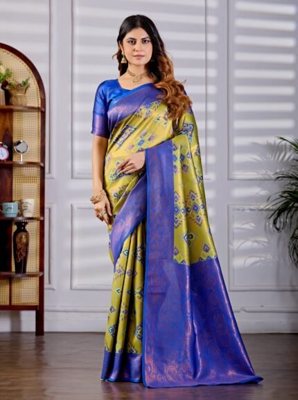 Olive Green & Royal Blue Patola Motifs Silk Blend Saree with Zari Woven Border & Blouse Piece