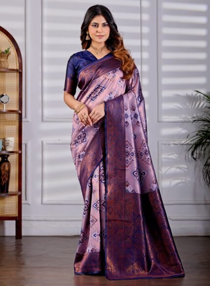 Elegant Lavender Pink & Navy Blue Patola Motifs Silk Blend Saree with Copper Zari Border & Blouse Piece