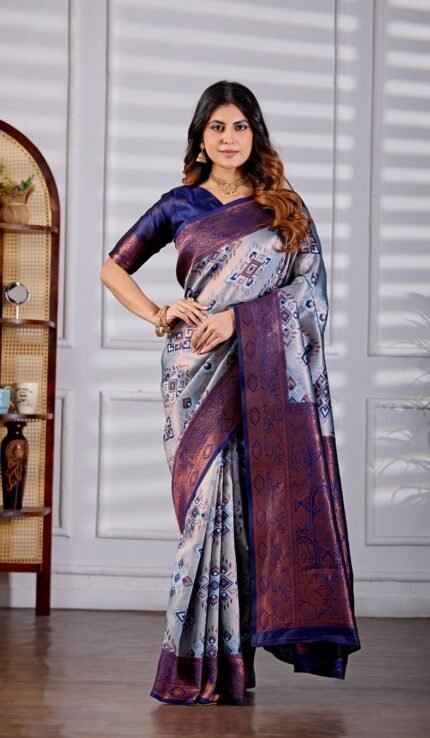Metallic Silver Grey & Navy Blue Patola Motifs Silk Blend Saree with Copper Zari Border & Blouse Piece
